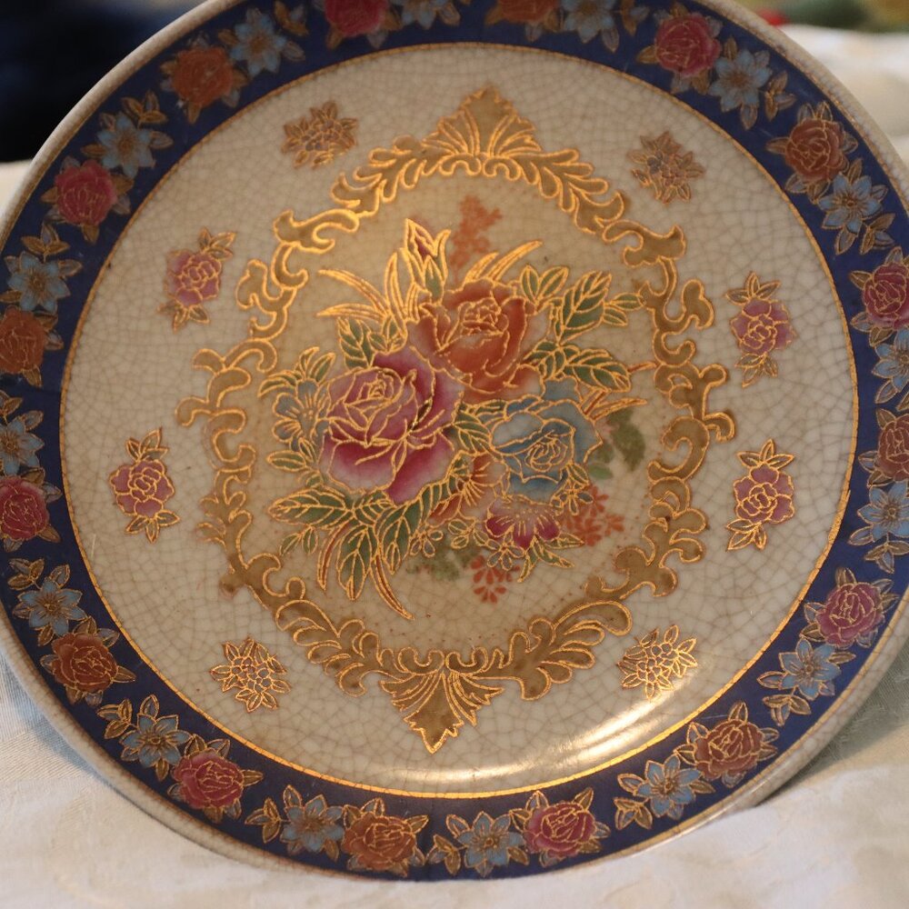 Beautiful Decorative crackle finish rose, gold and blue 10in Plate